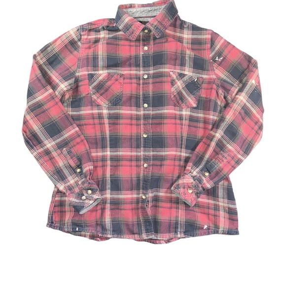 CQR Shirt Mens Large Red Black Plaid Flannel Button Up Workwear Distressed - Picture 1 of 9